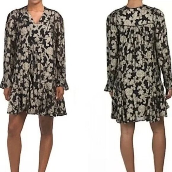 NWT Anthropologie Black Gold Foil Metallic V-Neck Ruffled Tiered Mini Dress  S - mordernwear.com